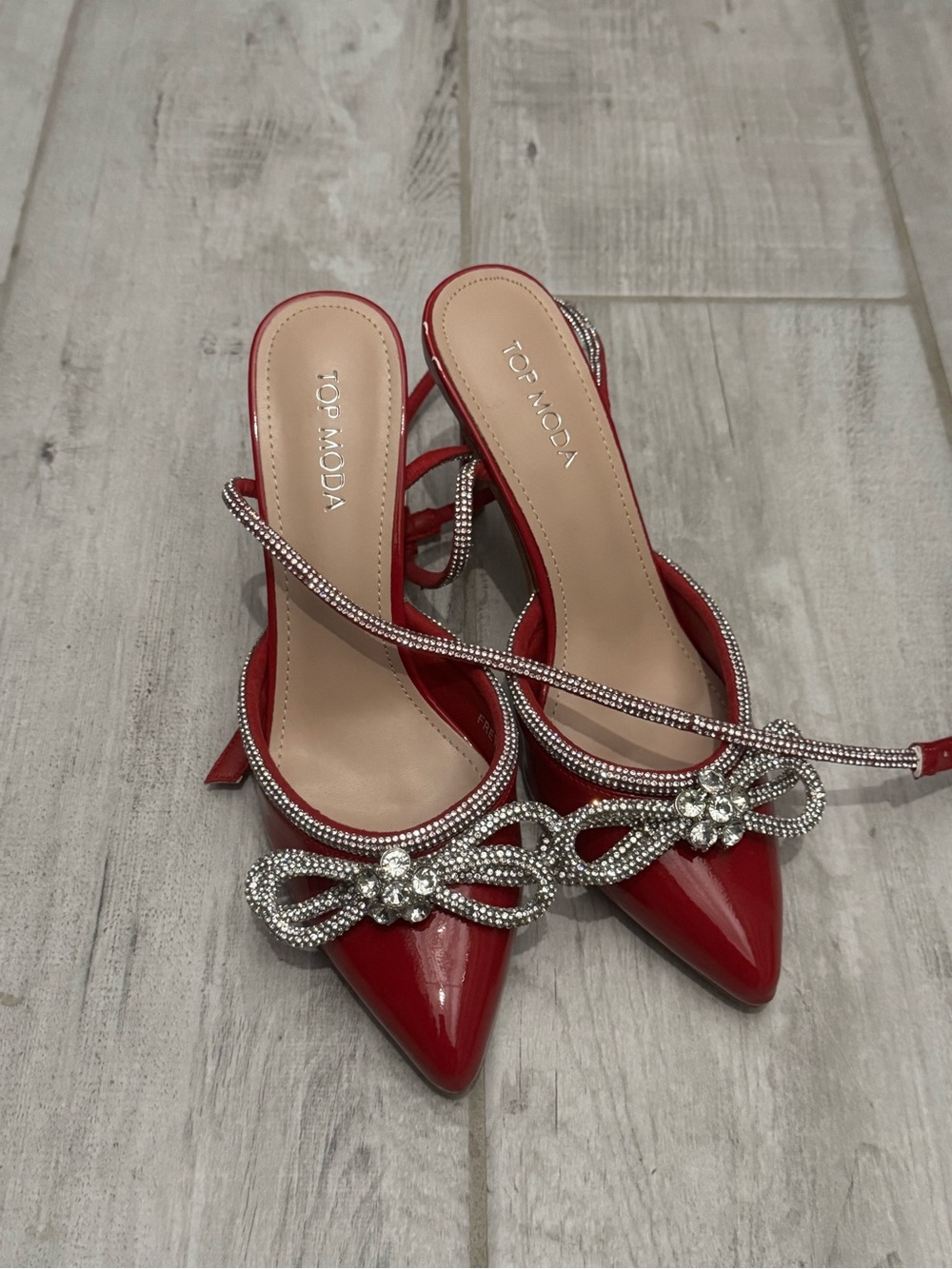 TOP Moda Red Patent Pointed Toe Slingback Heels with Crystal Bow